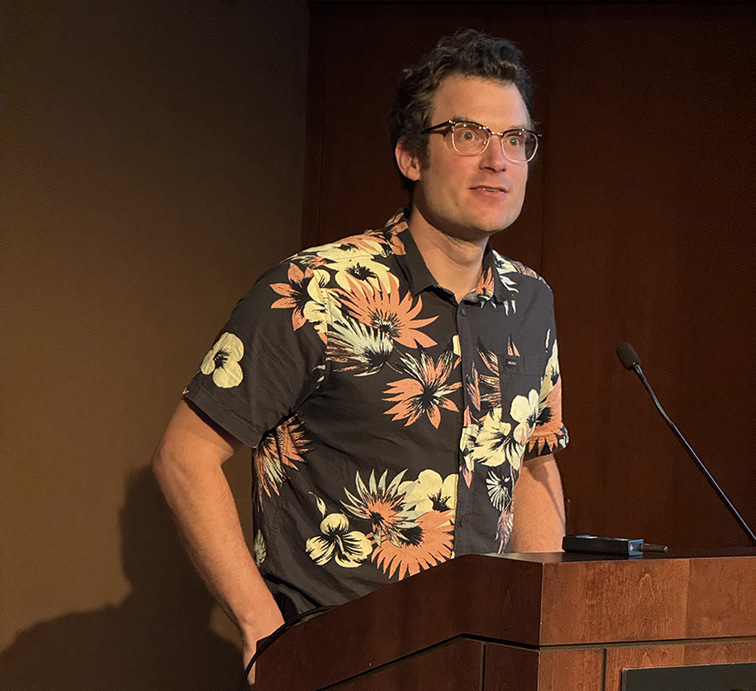 Graham Zimmerman presents his book at the Banff Mountain Book Festival.
