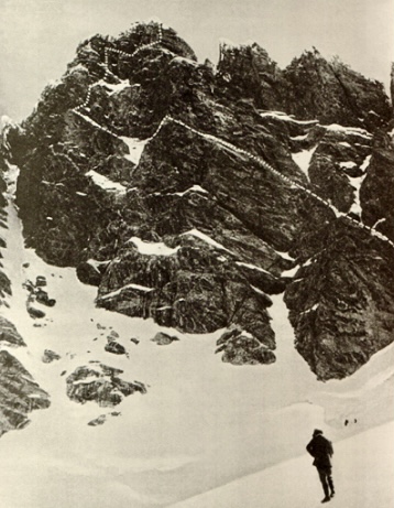 The first ascent route of 1936 on Mount Waddington.