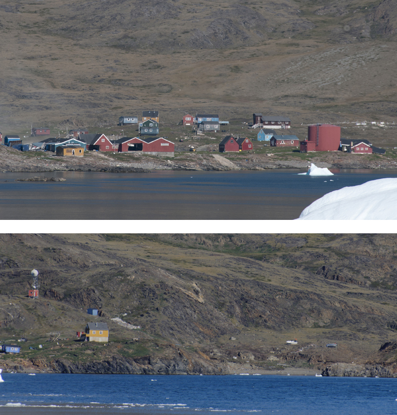Nuggaatsiaq shortly after the tsunami. In the low photo, note the two boats that the wave flung partway up the hill.