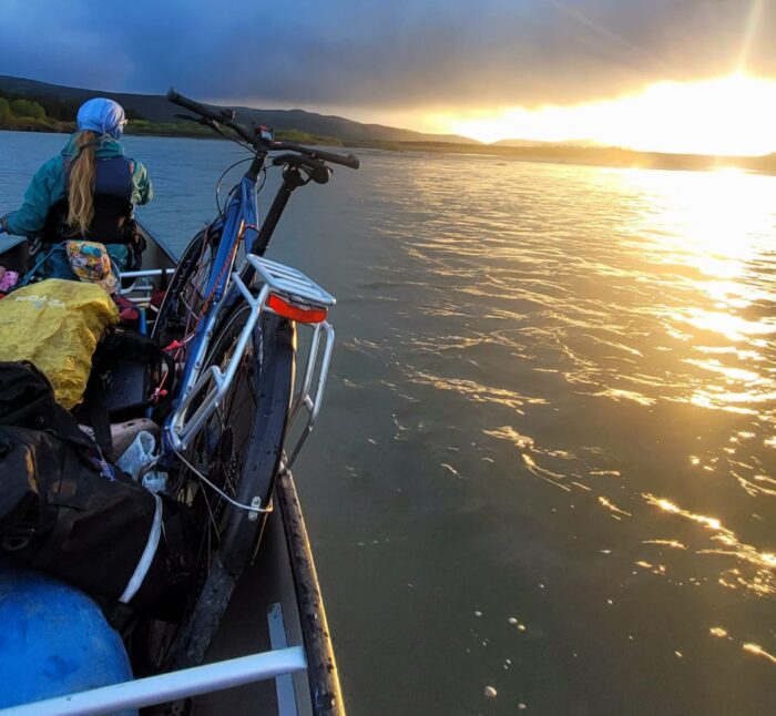 Bikes stashed in the canoe on the Yukon River.