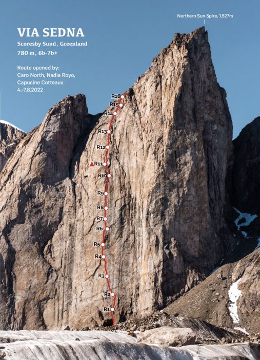 topo of the route marked in red on a photo of the granite Sun Spire.